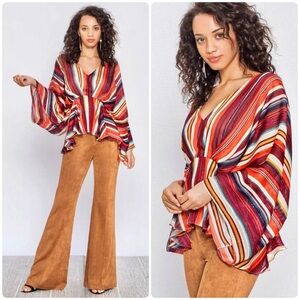 Y2k Metallic Tunique Multi-Color Striped Peplum Flowy Kimono Sleeve Top Sz Large